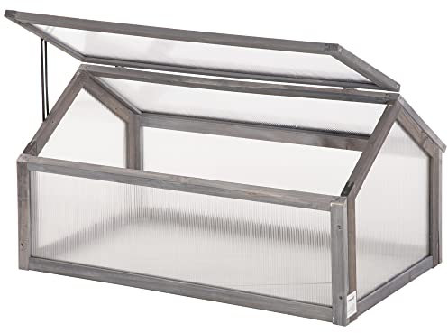 Outsunny Wooden Cold Frame Garden Polycarbonate Greenhouse with Openable Top Cover, Grow House for Flowers, Vegetables, Plants, 90 x 52 x 50cm, Grey