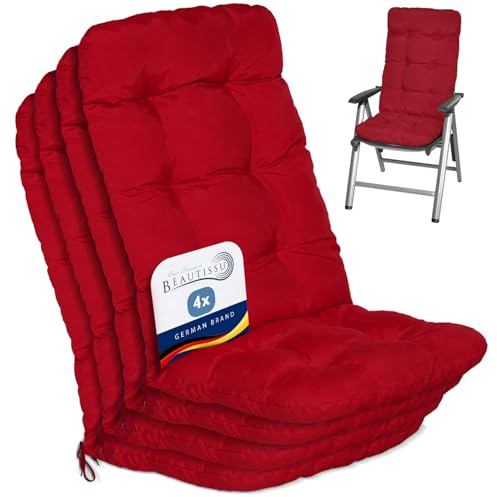 Beautissu 4er Set Hochlehner Auflagen Sitzpolster für Gartenstühle Outdoor | 120x50x8cm Rot Outdoor Stuhlkissen Rückenlehne hoch Gartenstuhlauflage Polsterauflage Flair HL