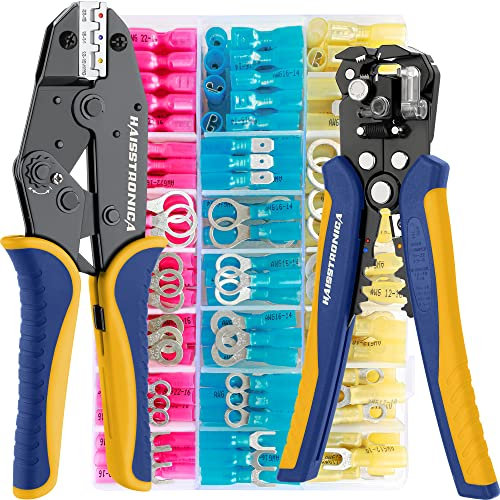 haisstronica Crimping Tool Set, 0,25-6mm²(AWG 24-10) Crimp Pliers, 0,5-6mm²(AWG 22-10) Wire Stripper and 280 PCS Heat Shrink Connectors of Waterproof with Ring Fork Spade Splice
