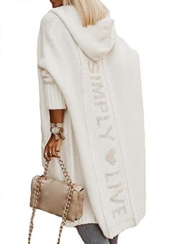 Onsoyours Cardigan Femme Grande Taille Pull Manteau Cardigan Long en Tricot Ouvert Épais Manches Longues Gilet Chaud Casual Capuche Manteau A Blanc XXL