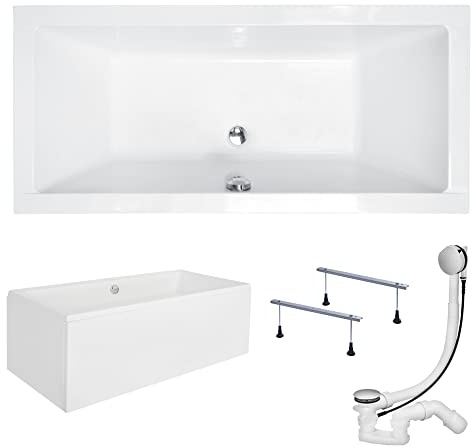 KOLMAN Badewanne QUADRO Rechteck 165x75 mit AcrylSchürze, Ablaufgarnitur und Füßen Komplettset 4in1 Premium Original Acryl Wanne Siphon