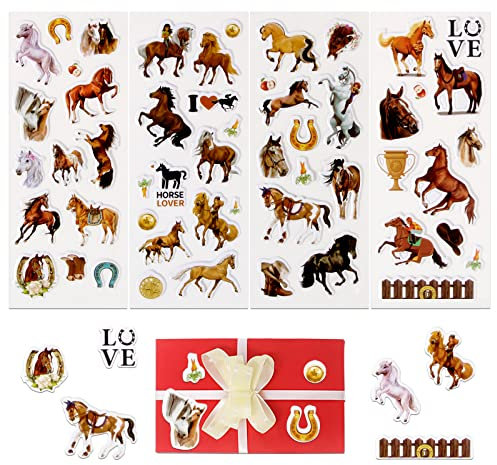 8 Blatt 3D Sticker Pferde Aufkleber für Kinder Pferdesticker Hufeisen Glücksbringer Belohnungssticker Basteln Deko für Kindergeburtstag Album Party Mitgebsel Geschenke Junge Mädchen