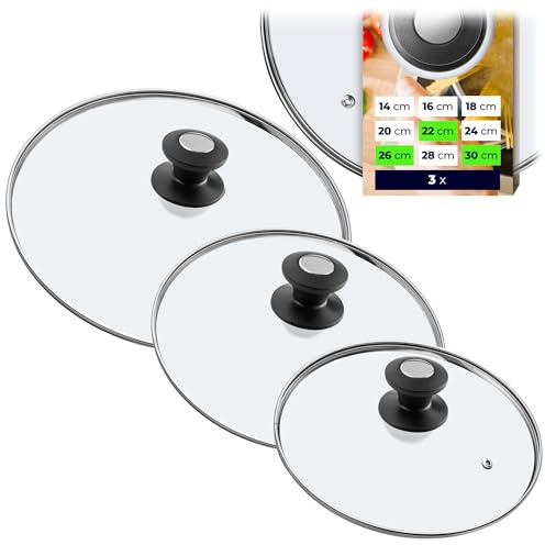 KADAX 3er Set Glas-Universaldeckel Ø22/26/30 cm, hitzebeständig, mit Griff in Schwarz und Silber, für Töpfe und Pfannen, ermöglicht Sichtkontrolle beim Kochen