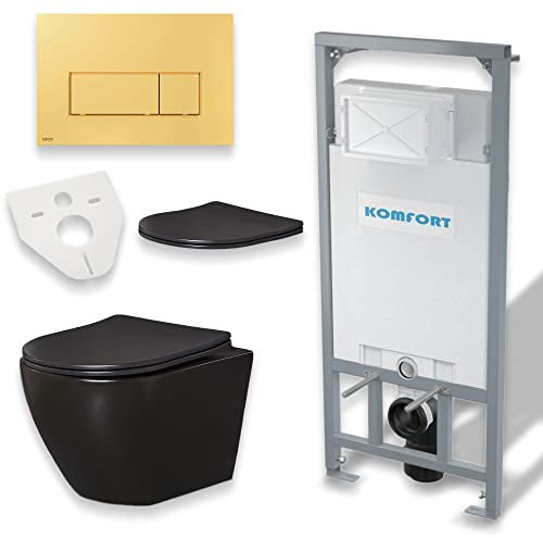 KOLMAN WC Set: Vorwandelement C201 + Wand-WC Delos Schwarz + Drückerplatte + Slim Duroplast WC-Sitz mit Soft-close + Schallschutzmatte (Gold)