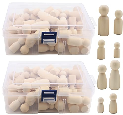 DAKFOOK 100 Pcs Wooden Peg Dolls, 4 Sizes Wooden People Shaped Dolls with Storage Box, Unfinished Wooden Peg Dolls for Painting, DIY Crafts and Decoration, 33/43/53/65mm