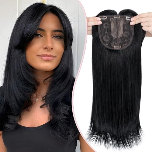 S-noilite Hair Toppers für Frauen,Toupet Toppers Haarverlängerung Haarteile Perücken mit Fransen,Haartopper Basis 15x15cm, Clip in Synthetischen Haarteile, Glatt 45cm 170g Dunkles Schwarz