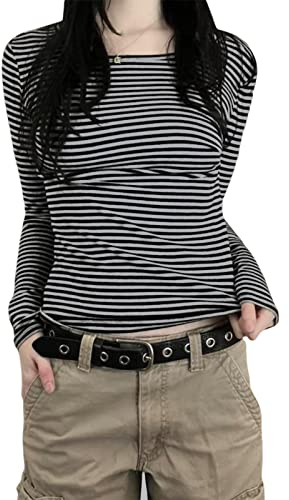 Fanvereka Graphic Tees for Women Teen Girls Aesthetic Grunge Gothic Clothes Y2k Shirt Knit Basic Long Sleeve Top Fall (2-Black Grey Striped Top, S)
