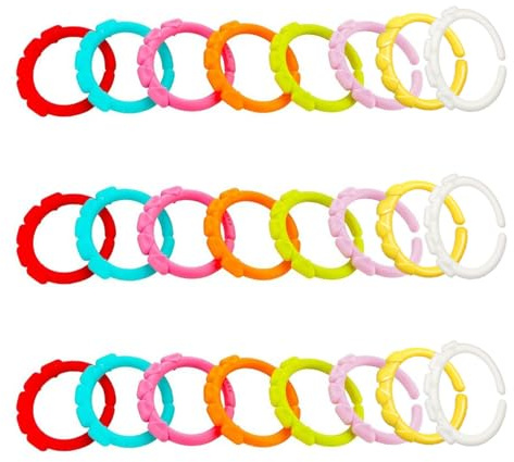 24-Pack Baby Teething Ring Links, Stroller Toy Hooks & Educational Rattles, Durable Toddler Training Toys, Assorted Colors for Infant Development and Play