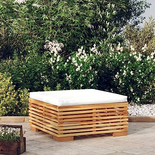 LAPOOH Gartenhocker mit Creme Kissen Massivholz Teak, Hocker Outdoor, Gartenmöbel, Sitzhocker, Beistelltisch Outdoor, Blumenhocker, Pflanzen Hocker