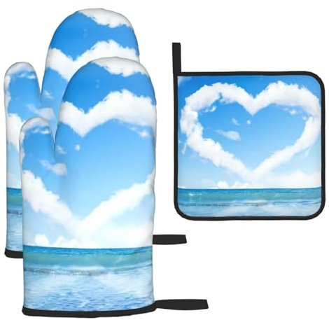 LAMAME Set di guanti da forno e presine a forma di cuore con stampa romantica da spiaggia, lavabile e resistente al calore