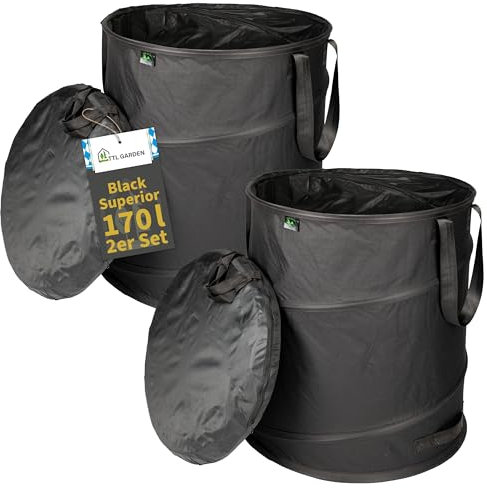 TTL Garden Black Supererior Lot de 2 sacs de jardin Pop Up 170 l Double fond 260 g/m² Extra stables Oxford 600D 170 l Pliable Coupe verte Auto-portante