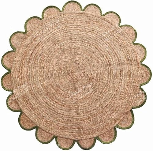 Jaipur Weaver Group 4x4, 5x5, 6x6,feet Natural Jute Scallop Round Rug, Floor Scalloped Edge Rug Braided Boho Eco Large Circular Handmade Area Rugs, 3x3 Ft, Green, RD1-3x3-GRN