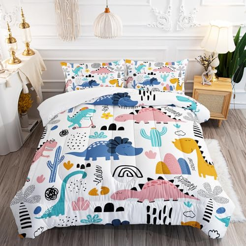 XYNHML Cartoon Dinosaur Rainbow Comforter Set Twin 3Pc Kawaii Dinosaur Bedding Set All Season with Cactus, Coconut Tree Decoration Includes 1 Comforter, 2 Pillowcases for Kids Girls Teens
