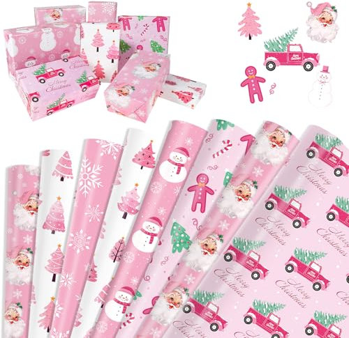 DPKOW Carta da regalo di Natale Rosa, 12 fogli di carta da imballaggio natalizia albero Carta da regalo Pupazzo di neve Fiocco di neve, Articoli per confezione regalo riciclabile Natale, 70 * 50cm