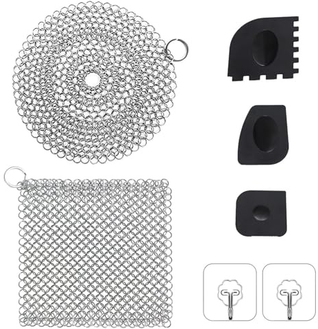 VZU Set detergente per ghisa in acciaio inox 316, anello e detergente quadrato con 3 raschietti e 2 ganci adesivi, rimuove facilmente i residui di cibo su forno olandese, wok, padelle e tè in vetro