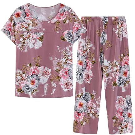 HAOLEI Pjs for Women Sets UK Clearance,Pajamas Set Women Comfy Plus Size 22 Ladies Pyjamas Set Floral Printed Capri Pants Cropped Trousers Soft Sleepwear Short Sleeve Lounge Wear Sets