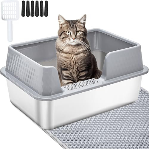 Vealind Stainless Steel Litter Box Metal Cat Litter Tray Heavy Duty, High Sided Cat Litter Tray with Detachable Rim Enclosure Sturdy Durable Large Kitty Litter Pan