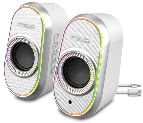 Fanatic 500: Speakers Gaming 2.0 PC/Mac: suono sricco e potente/jack da 3,5 mm + USB/telecomando integrato/retroilluminazione RGB/compatibile con Bluetooth 5.1 / dimensioni compatte (bianco)