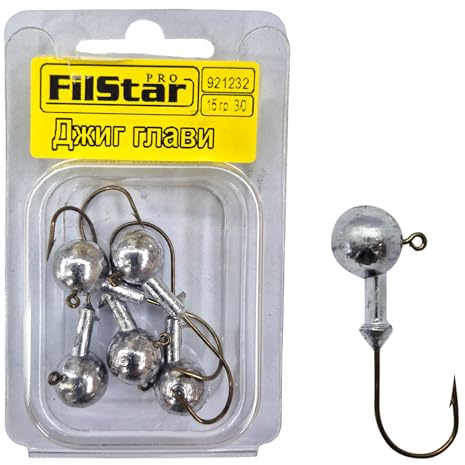 Pro FILSTAR 5 Cabezas Plomadas con Anzuelos de Pesca N3/0 - Plomos Pesca 15g con Gancho para Señuelo Blandos - Cebadores de Pesca Lucio - Jig Pesca - Jig Head - Kit de Pesca - Señuelos Pesca Mar