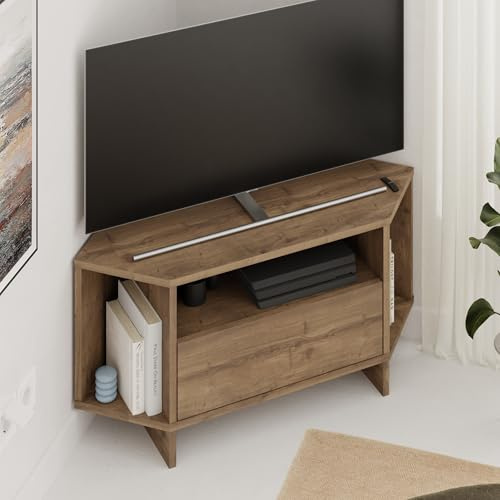 HOCUS PICUS Moderne Eck-TV-Einheit für bis zu 101,6 cm (40 Zoll) Fernseher, Push-to-Open-Tür-TV-Aufbewahrungsschrank und 3 offene Regale, 95,7 (H) cm TV-Tisch für Wohnzimmer, Schlafzimmer (dunkles