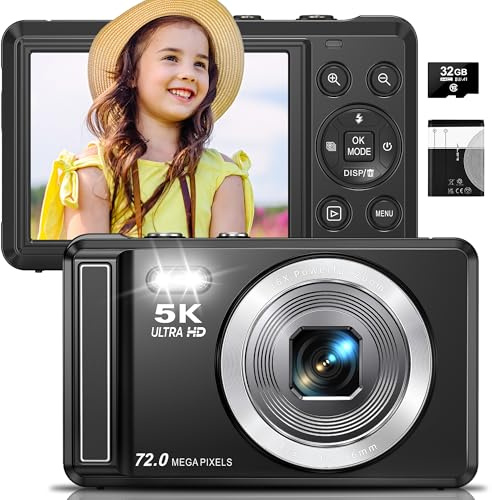 5K Digital - 72MP UHD Digital for Photography - Autofocus Point and Shoot Small with Flash for Kids - 2.8 Inch Screen Compact Portable Vlogging with 16X Zoom, 32GB SD Card