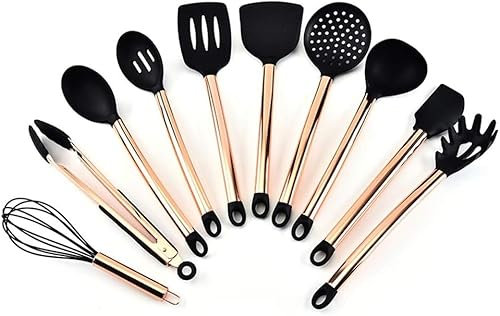 Utensili da cucina in acciaio inossidabile Set di utensili da cucina da 10 pezzi, silicone antiaderente resistente al calore, pentole con manico placcato in rame Cooki