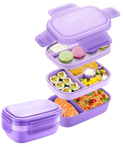 Loncheras Bento Box Set – 3 recipientes apilables para adultos, lonchera para mujeres, a prueba de fugas y sin BPA, utensilios integrados, apto para lavavajillas (morado)