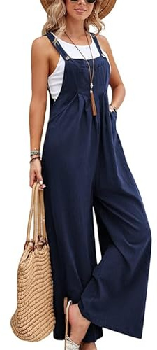 Salopette da donna – Oversize Baggy Jumpsuit, Comodi Salopette Loose Fit Tuta Casual Estivi con Spalline, Blu scuro, S