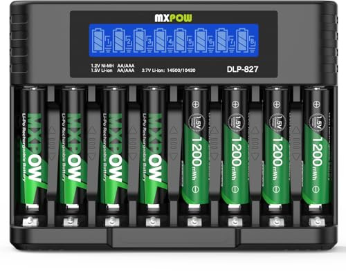 MXPOW 8 x AAA Akku wiederaufladbar Lithium, 1,5V 1200mWh, LCD Ladegerät | 1500 Zyklen, Vorgeladen, Geringe Selbstentladung, Auslaufsicher, Schnellladung, Konstante Ausgabe, Sicherheitsschutz