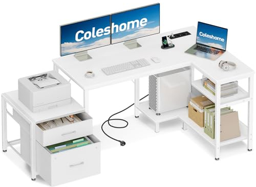 Coleshome Escritorio de Esquina para Computadora de con Cajones de Tela, 140x80 cm Escritorio en Forma de L para Oficina con Toma de Corriente, Mesa de Estudio Reversible, Blanco
