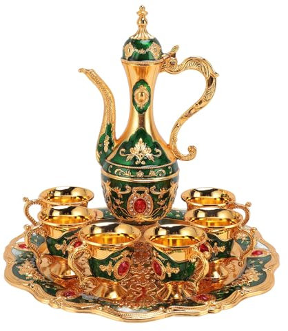 Juego de tetera turca vintage de metal para café y té con 6 tazas, olla de vino europea, cafetera turca de estilo antiguo, elegante decoración del hogar para entretenimiento