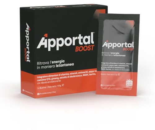 Apportal BOOST Integratore Alimentare Tonico-Energetico, Ricarica l'energia fisica e mentale in maniera istantanea, Alta tollerabilità, No Caffeina, No lattosio, No glutine, 14 bustine, Pharmanutra