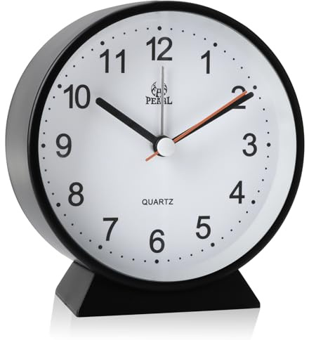Small Bedside Analogue Alarm Clock with Night Light for Office Bedroom School Travel Heavy Sleeper Super Silent Non Ticking Round Metal Desk Clocks Battery Powered for Elderly Adults Child (Black)