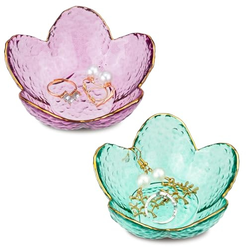 LIUCONGBD 2PCS Glass Trinket Dish, Unique Birthday Gifts for Women, Flower Cute Aesthetic Key Bowl Jewellery Plate for Decorating Room Bedroom Rings Earrings Key Necklace Storage