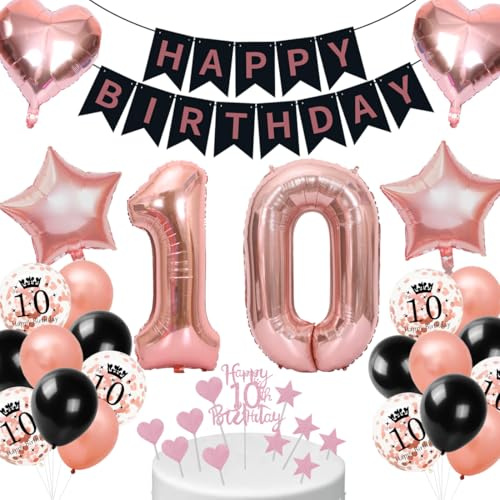 Cadimus Deko 10. Geburtstag Mädchen Schwarz Roségold,10. Geburtstag Luftballon,Geburtstagsdeko 10 jahre Frauen,Ballon Dekorationsset für 10 ter,Ballons für Geburtstagsfeier Deko