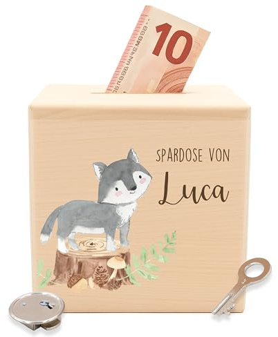 Kidsmood - Personalisierte Spardose Kinder mit Schlüssel aus Holz, Sparschwein Kinder mit Namen als Taufgeschenk, Geburtstagsgeschenk & Einschulungsgeschenk für Mädchen & Jungen - Fuchs (10x10 cm)