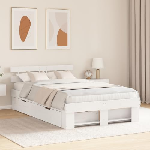 vidaXL Cama Minimalista de Madera de Pino Blanco de con cajones de 135 x 190 cm, una Buena opción para el Dormitorio. Muebles Modernos, Plataforma para Dormir y Cama contemporánea con cabecero.