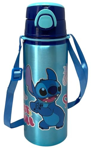 Borraccia in alluminio con cannuccia Stitch Disney 730 ml bottiglia con apertura automatica pop-up per bambini tracolla in dotazione
