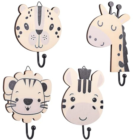 DOPENSPI 4 ganchos de madera para colgar ropa para niños, bonitos ganchos de pared de animales, león, leopardo, cebra, jirafa, perchero infantil, diseño de dibujos animados, para habitación de los