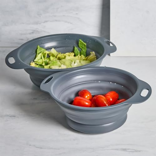 OHS Collapsible Colander Set of 2 Silicone Kitchen Strainers with Handles BPA Free Space Saving Foldable Colander Silicone Strainer for Draining Pasta Vegetable Fruits, Grey