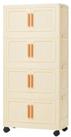 Y.H BLISSHAVEN Storage Boxes with Lid, 3/4/5-Tier Plastic Stackable Storage Cabinet, Folding Collapsible Bins with Wheels, Storage Organizer for Bedroom Living Room Office (4-Tiers)
