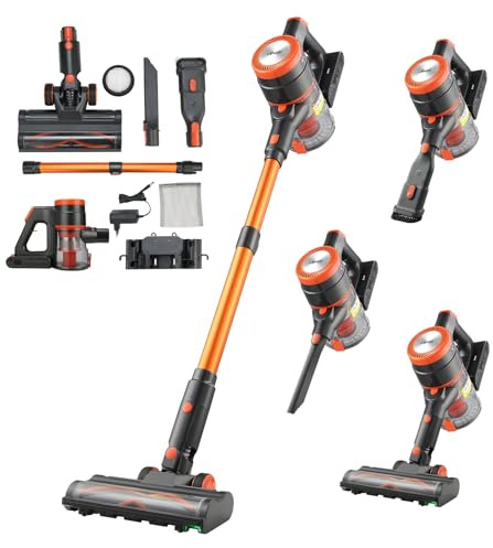 VEVOR Aspiradora Inalámbrica Escoba Recargable, con Potencia de Succión Máxima 40 kPa, con Depósito de Polvo y Pantalla LED, con 47 min Autonomía para Alfombras, Pelo de Mascotas y Suelos Duros
