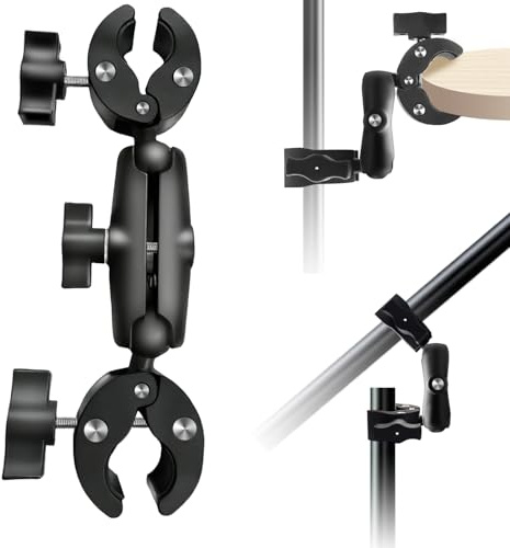 Double Rotule Super Pince Fixation avec Bras Articulé, Robuste 360°Moto Caméra Support compatible avec Insta360 X5-X, pour Guidon Vélo, Trépied, Bureau, Pied D'éclairage, Barres Transversales, Perche