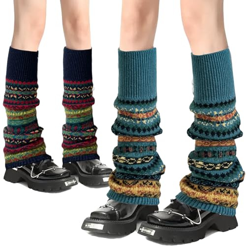 WENAUANG 2 Paare Vintage Legwarmer, Gestrickte Beinstulpen, Böhmischer Stil Beinstulpen Gestrickt Verdicken Beinwärmer Overknee Strümpfe Tanzen Strumpf Knit Crochet Socken Legging fur Karneval