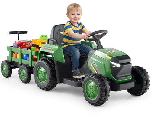 COSTWAY Tractor Eléctrico para Niños 12V, Coche Eléctrico para Niños con Remolque Desmontable, Mando a Distancia, Faros LED y Música, Tractor Juguete a Batería para Niño de 3 a 8 Años (Verde Oscuro)