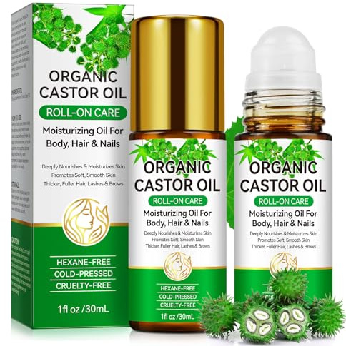 100% Organic Pure Cold-Pressed Castor Oil Roller Ball, Deep Moisturizing Skin Care, Refreshing Texture, Suitable for Face, Body, Hair, Eye, Glass Bottle