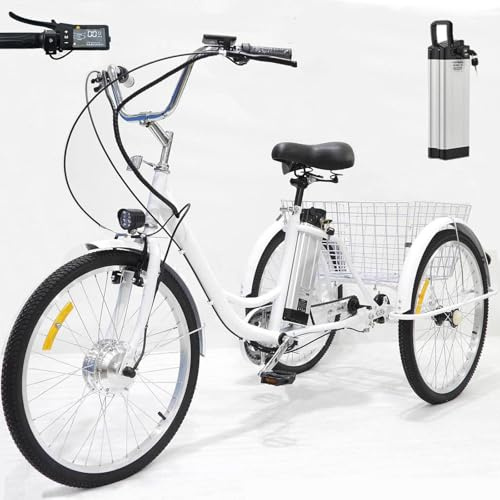 ZHZWwansuGE 24″ Dreirad FüR Erwachsene, Elektrisches Fatbike Mit 3 RäDern, Mit 36V 12Ah Herausnehmbarem Akku (Ausdauer: 35 Km), Tragkraft 150 Kg, Mit LCD-Display + Korb, Zum Einkaufen White