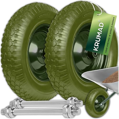 KRUMAD Schubkarrenrad, Pannensicher, Sackkarrenrad, Schubkarre, Luftbereift | 2 Stück, PU-Schaum 4.80/4.00-8, bis 180 kg, mit 12-mm Achse, Wartungsfrei, Stahlfelge, Doppelkugellager, Dunkelgrün