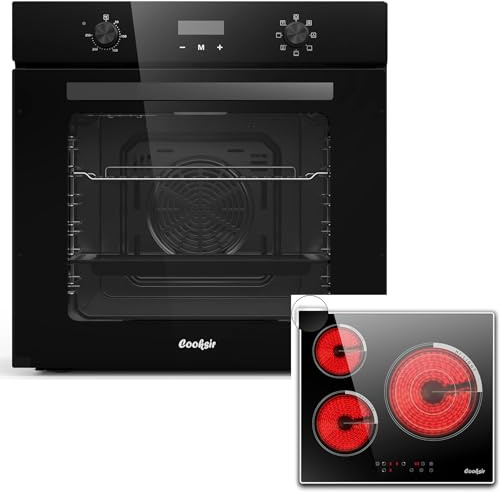 Cooksir Four Encastrable 60CM avec Prise, 60 Litres, 2000W, 7 Fonctions, Bouton Rotatif+Table de Cuisson Vitrocéramique 3 Feux, 5700W, Plaque électrique Encastrable 60CM