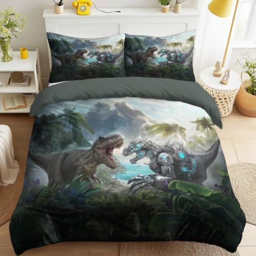Dinosaurie science fiction mekaniskt påslakan dinosaurie skog strid sängkläder set 140 x 200 cm grönt påslakan för pojkar flickor tonåringar sovrumsinredning med 1 örngott